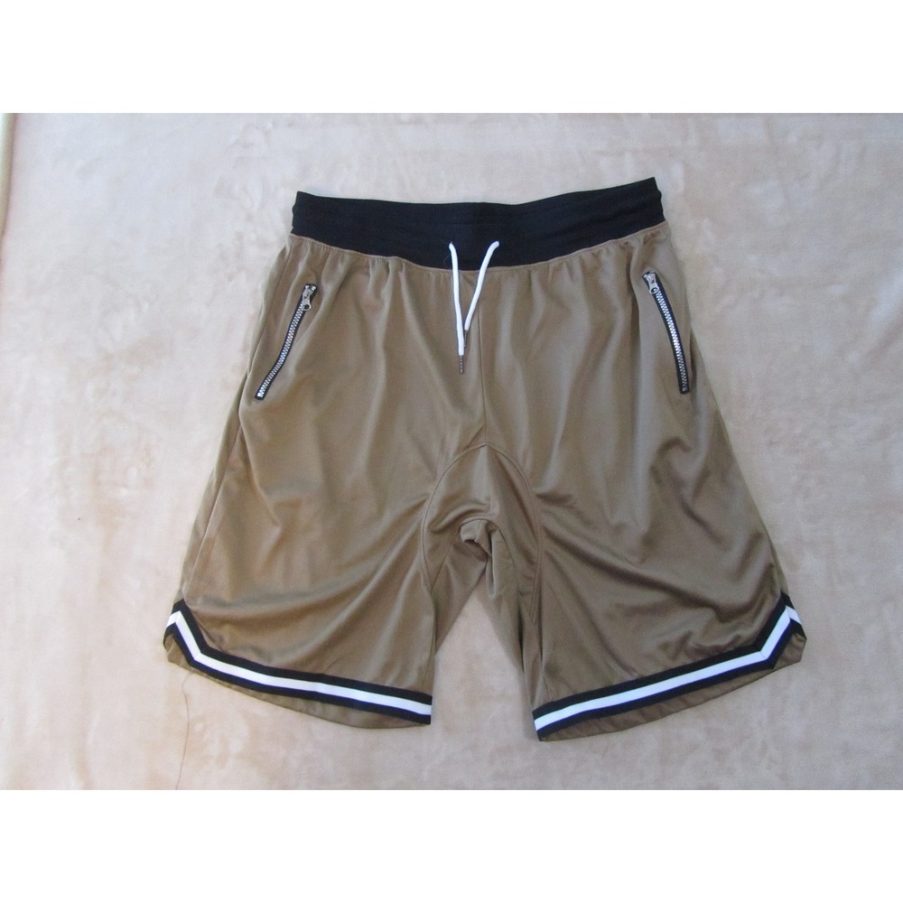 Mens Khaki Mesh Basketball Shorts Zipper Pockets Black Trim 4XL Tan Athletic